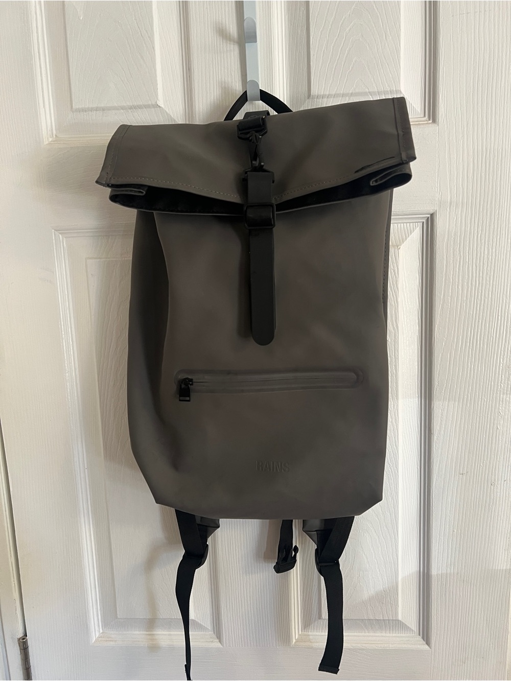 Rains Taupe Roll-Top Backpack with Black Strap